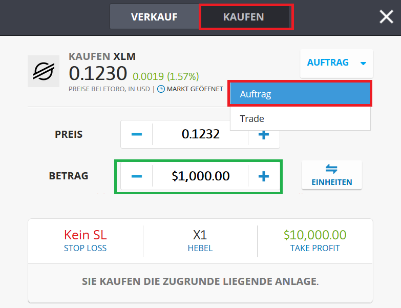 Stellar Lumens auf eToro kaufen Schritt 3 Kaufansicht