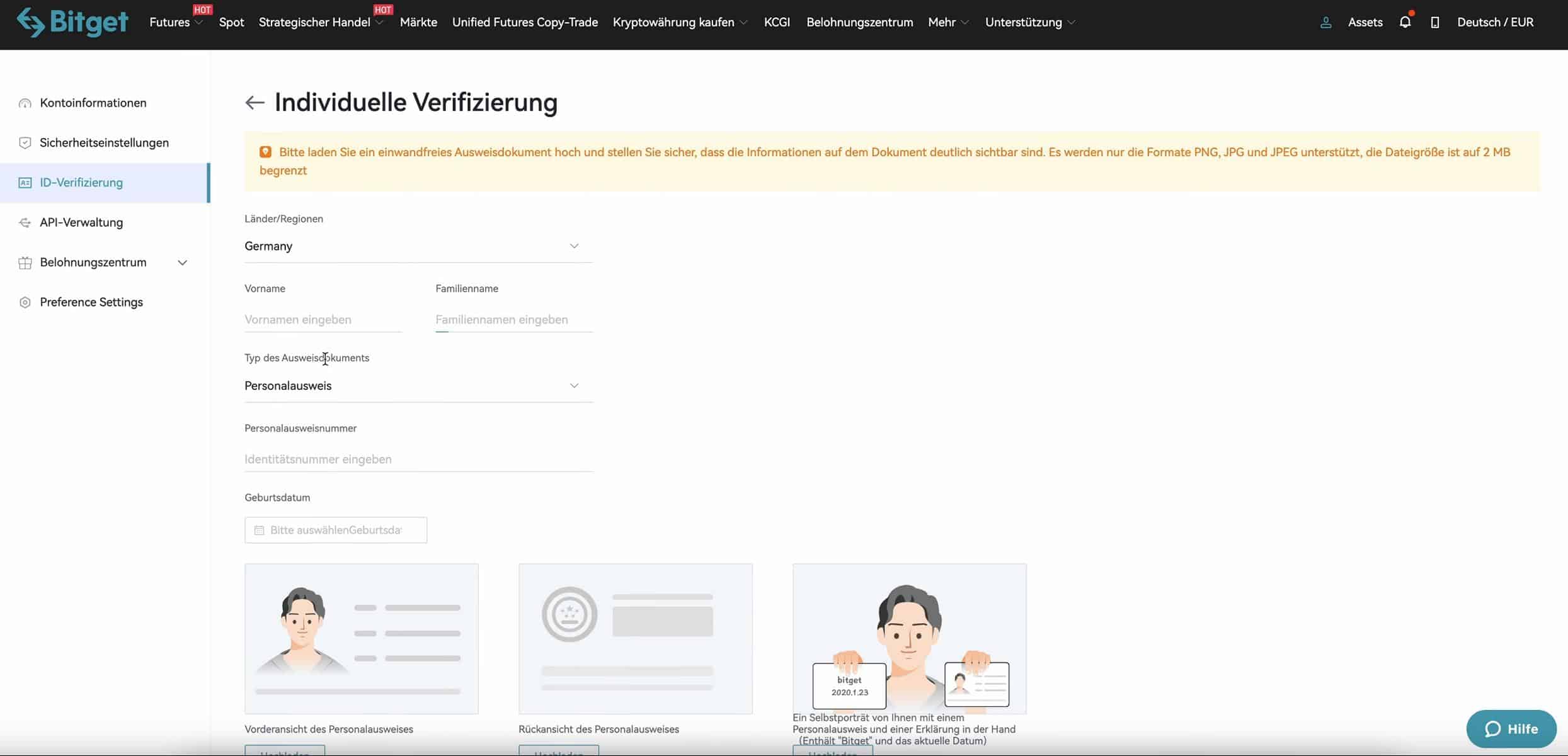 Dashboard to upload verification documents on Bitget